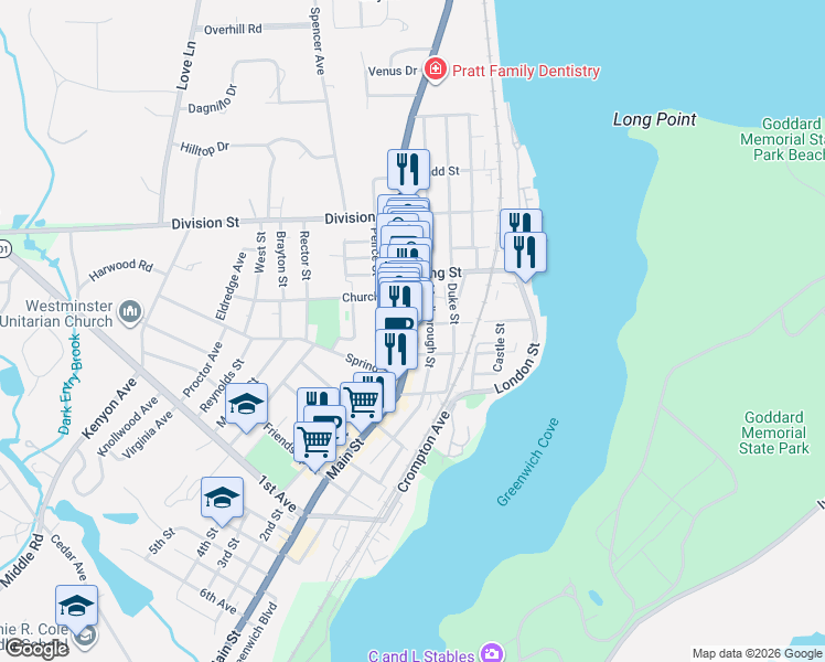 map of restaurants, bars, coffee shops, grocery stores, and more near 10 Queen Street in East Greenwich