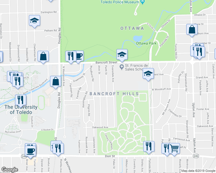 map of restaurants, bars, coffee shops, grocery stores, and more near 2038 Perth Street in Toledo