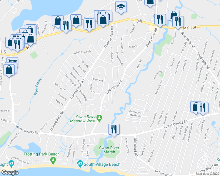 map of restaurants, bars, coffee shops, grocery stores, and more near 46 Elliot Drive in Dennis