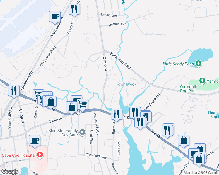 map of restaurants, bars, coffee shops, grocery stores, and more near 56 Camp Street in Yarmouth