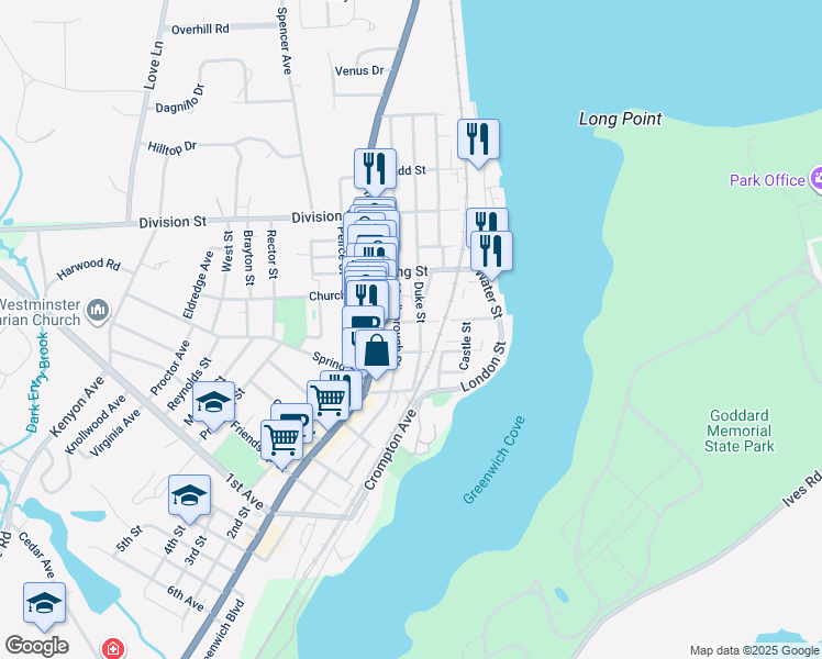 map of restaurants, bars, coffee shops, grocery stores, and more near 38 Queen Street in East Greenwich