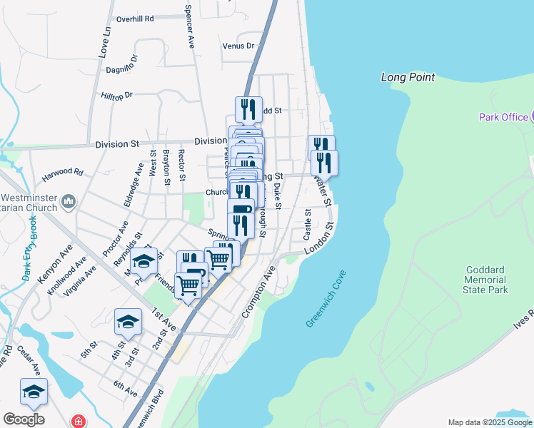 map of restaurants, bars, coffee shops, grocery stores, and more near 10 Queen Street in East Greenwich