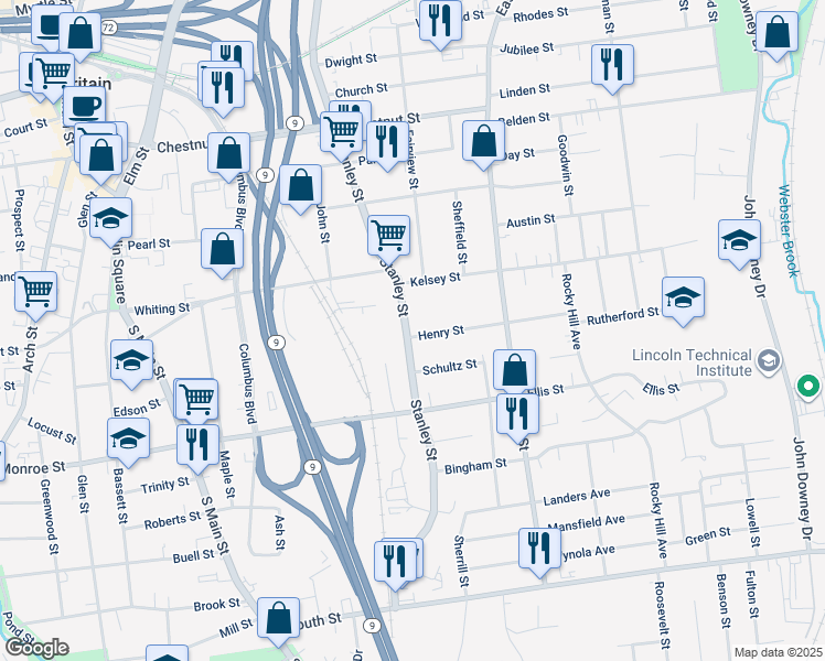 map of restaurants, bars, coffee shops, grocery stores, and more near 465 Stanley Street in New Britain