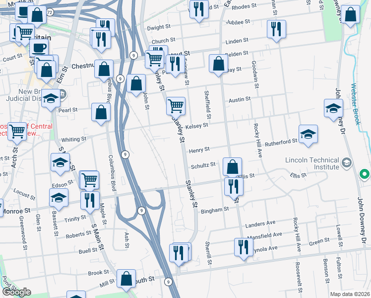 map of restaurants, bars, coffee shops, grocery stores, and more near 465 Stanley Street in New Britain