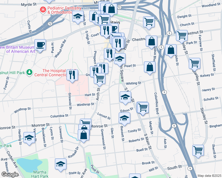 map of restaurants, bars, coffee shops, grocery stores, and more near 56 Whiting Street in New Britain