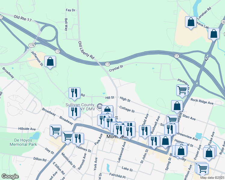 map of restaurants, bars, coffee shops, grocery stores, and more near 70 Liberty Street in Monticello