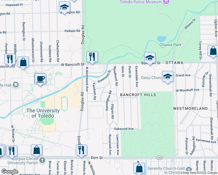 map of restaurants, bars, coffee shops, grocery stores, and more near 2034 Kensington Road in Toledo