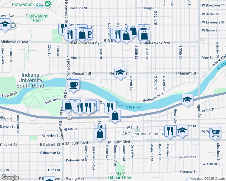 map of restaurants, bars, coffee shops, grocery stores, and more near 1233 South 28th Street in South Bend
