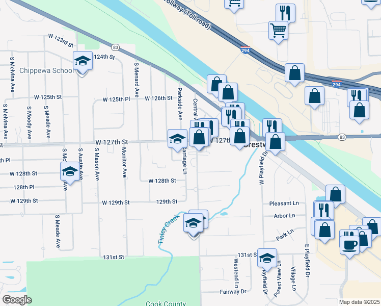 map of restaurants, bars, coffee shops, grocery stores, and more near 5601 West 127th Street in Crestwood
