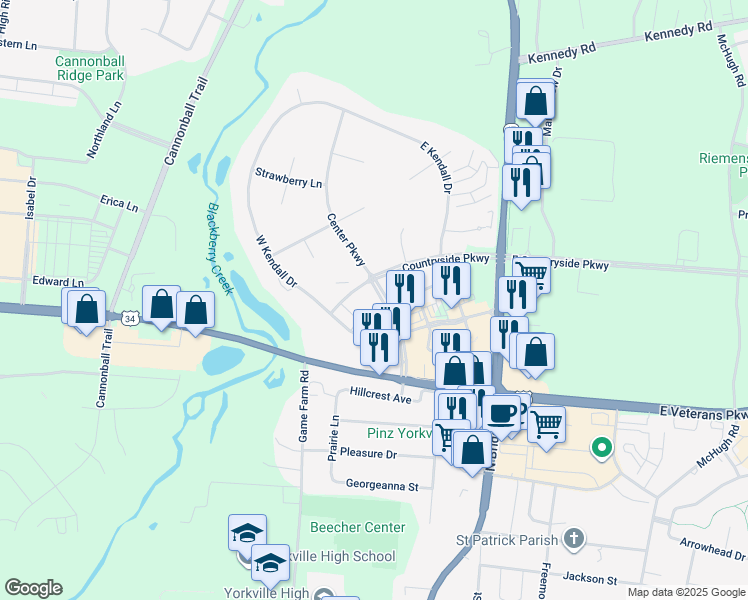 map of restaurants, bars, coffee shops, grocery stores, and more near 76 West Countryside Parkway in Yorkville