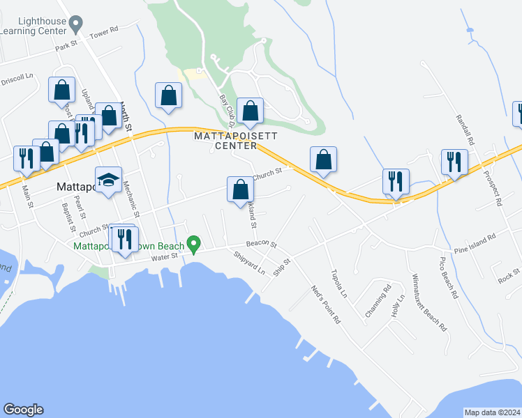 map of restaurants, bars, coffee shops, grocery stores, and more near 3 Oakland Way in Mattapoisett