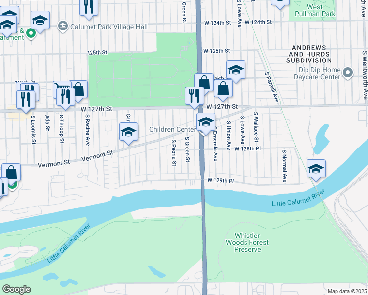 map of restaurants, bars, coffee shops, grocery stores, and more near 12838 South Green Street in Chicago