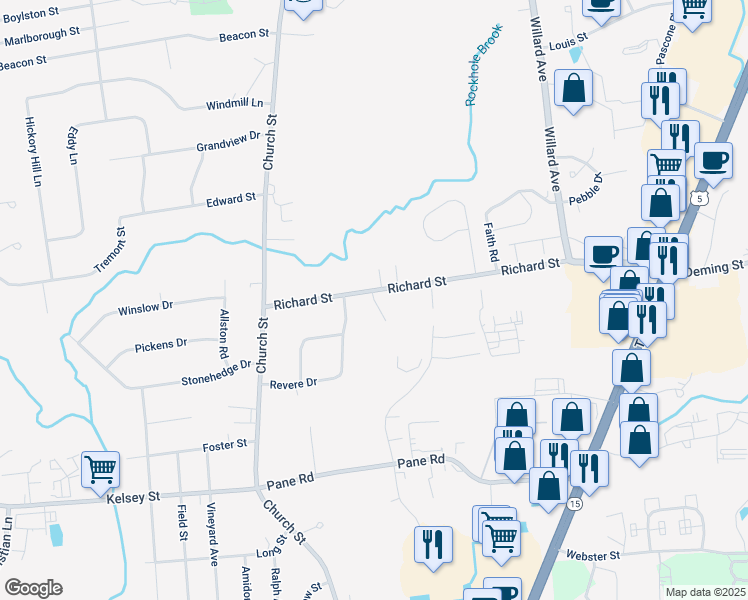 map of restaurants, bars, coffee shops, grocery stores, and more near 2 Coronado Drive in Newington