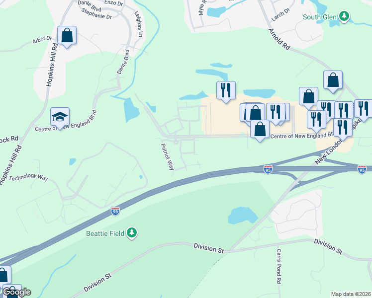 map of restaurants, bars, coffee shops, grocery stores, and more near 4338 Patriot Way in West Greenwich