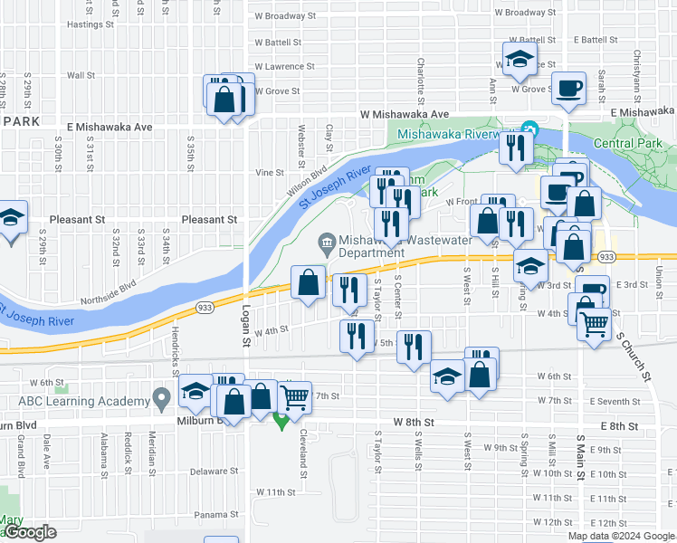 map of restaurants, bars, coffee shops, grocery stores, and more near 918 Lincolnway West in Mishawaka