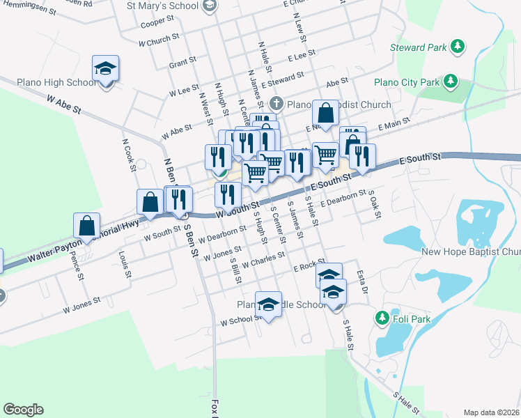 map of restaurants, bars, coffee shops, grocery stores, and more near 20 West South Street in Plano