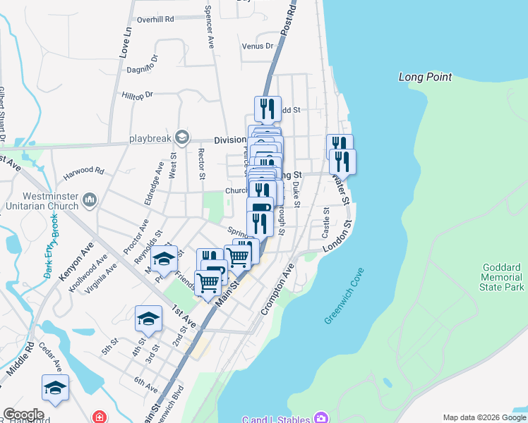 map of restaurants, bars, coffee shops, grocery stores, and more near 10 Queen Street in East Greenwich