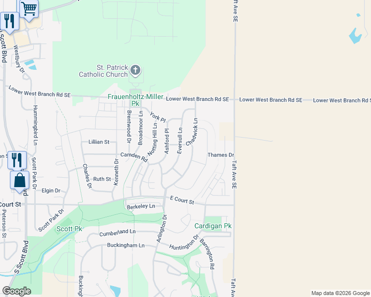 map of restaurants, bars, coffee shops, grocery stores, and more near 108 Chadwick Lane in Iowa City