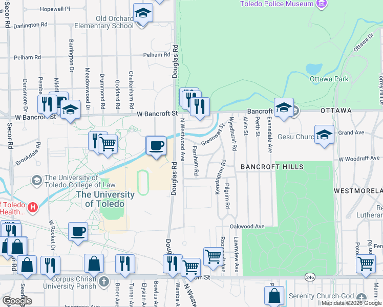 map of restaurants, bars, coffee shops, grocery stores, and more near 2037 Farnham Road in Toledo