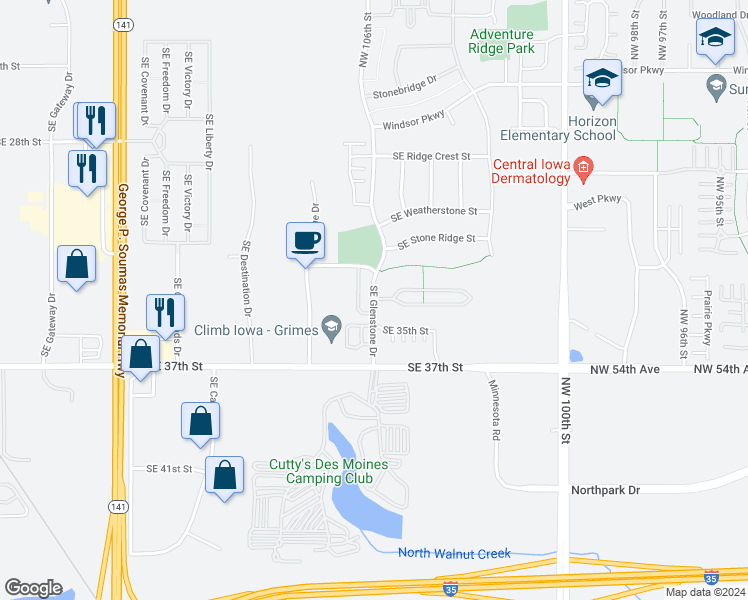 map of restaurants, bars, coffee shops, grocery stores, and more near 3400 Southeast Glenstone Drive in Grimes