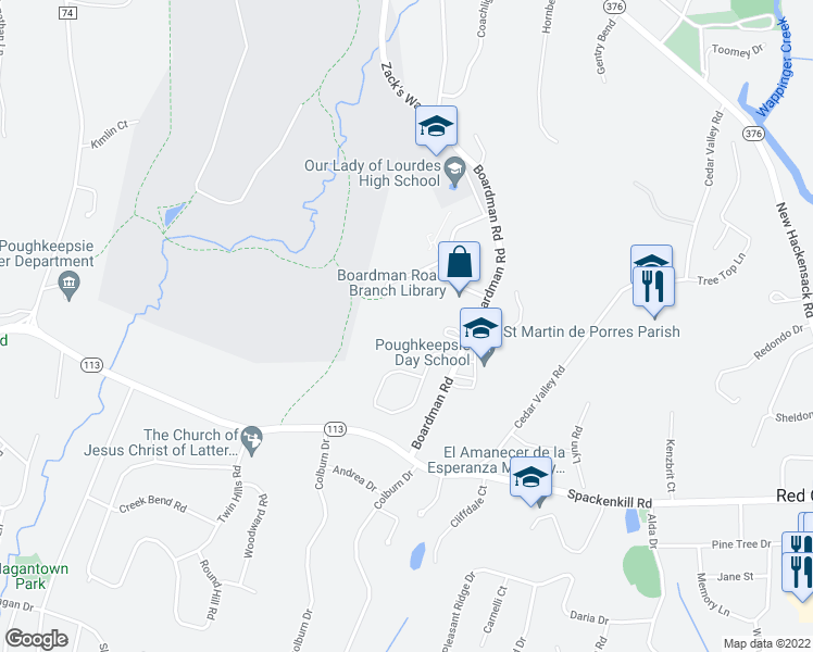 map of restaurants, bars, coffee shops, grocery stores, and more near 145 Boardman Road in Poughkeepsie