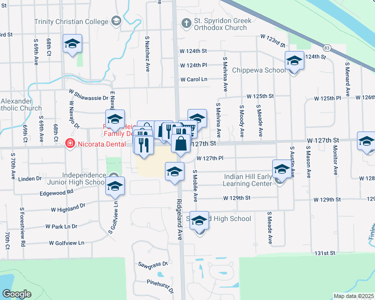 map of restaurants, bars, coffee shops, grocery stores, and more near 12711 Ridgeland Avenue in Palos Heights