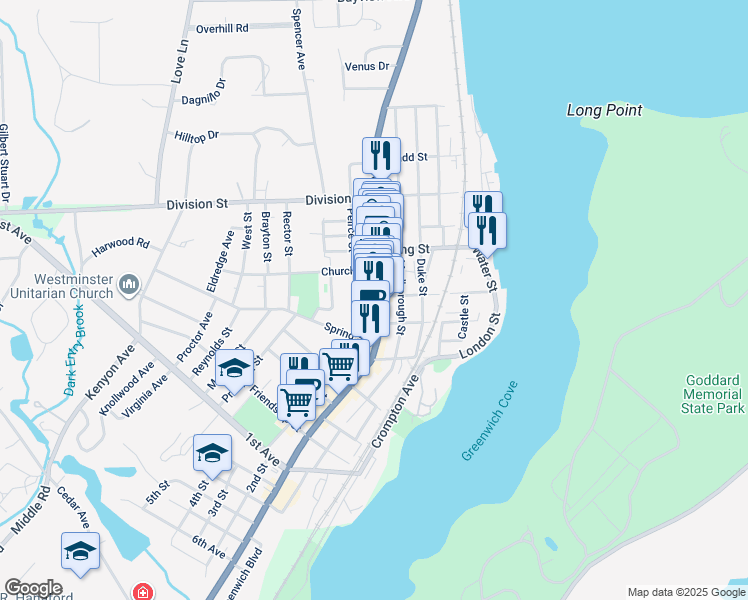 map of restaurants, bars, coffee shops, grocery stores, and more near 233 Main Street in East Greenwich