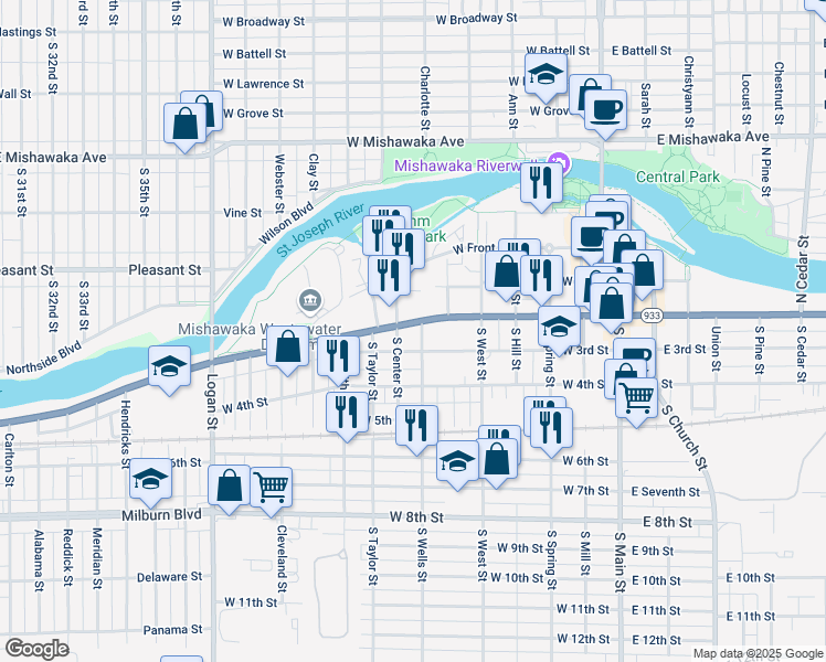 map of restaurants, bars, coffee shops, grocery stores, and more near 602 Lincolnway West in Mishawaka