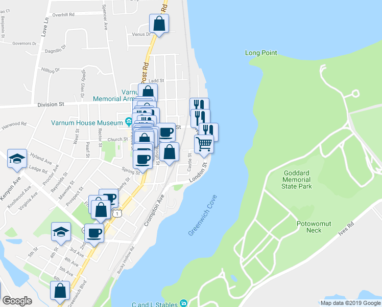map of restaurants, bars, coffee shops, grocery stores, and more near 6 Castle Street in East Greenwich