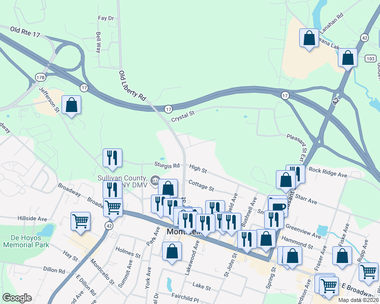 map of restaurants, bars, coffee shops, grocery stores, and more near 70 Liberty Street in Monticello