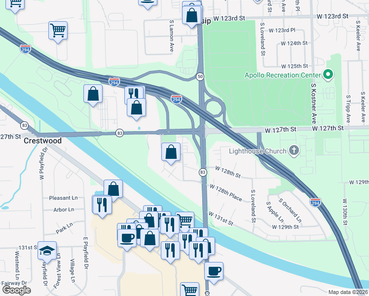 map of restaurants, bars, coffee shops, grocery stores, and more near 12741 South La Crosse Avenue in Alsip
