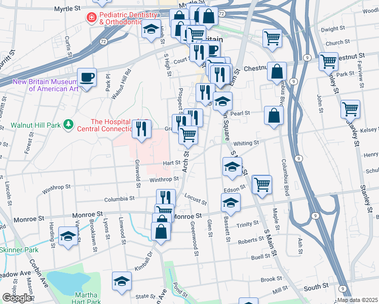 map of restaurants, bars, coffee shops, grocery stores, and more near 354 Arch Street in New Britain