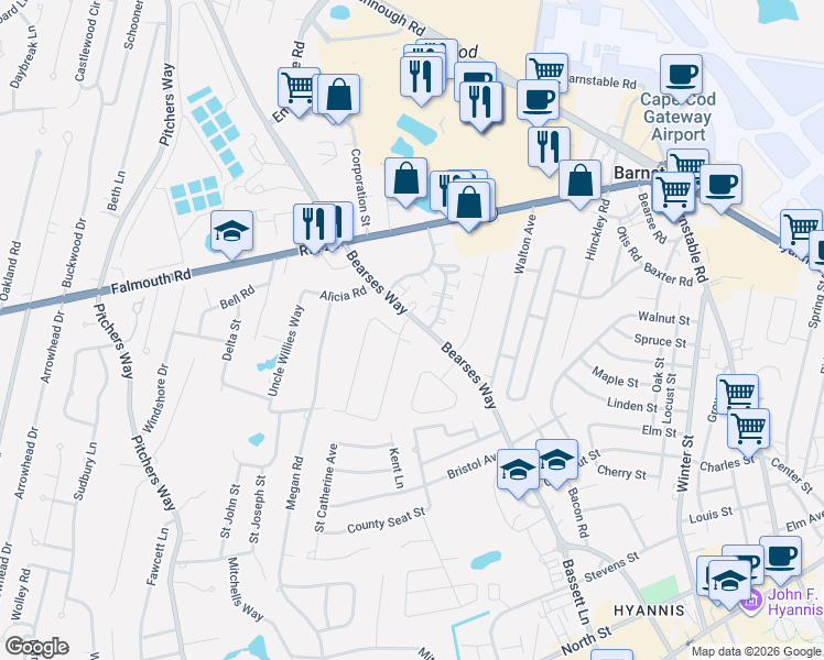 map of restaurants, bars, coffee shops, grocery stores, and more near 405 Bearses Way in Barnstable