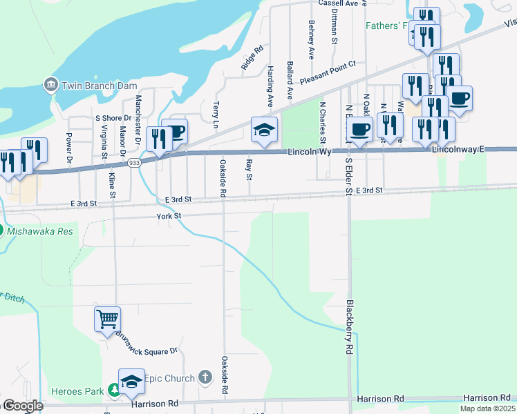 map of restaurants, bars, coffee shops, grocery stores, and more near 3801-4099 East 3rd Street in Mishawaka