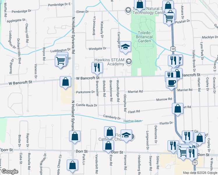 map of restaurants, bars, coffee shops, grocery stores, and more near 2128 Birkdale Road in Toledo