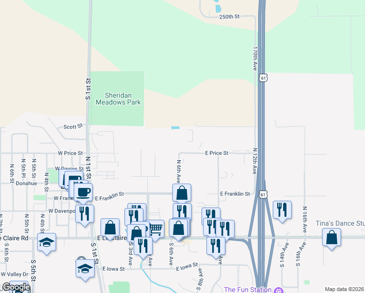 map of restaurants, bars, coffee shops, grocery stores, and more near 600 East Price Street in Eldridge