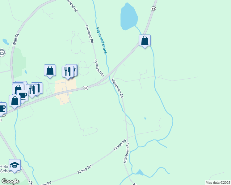 map of restaurants, bars, coffee shops, grocery stores, and more near 42 Millstream Road in Hebron
