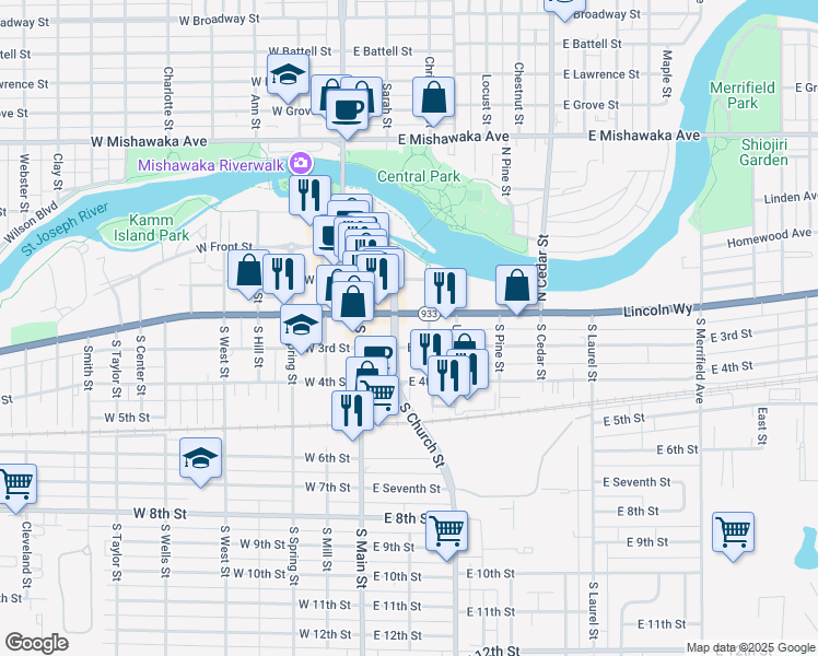 map of restaurants, bars, coffee shops, grocery stores, and more near 199 S Race St in Mishawaka
