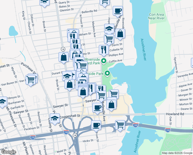 map of restaurants, bars, coffee shops, grocery stores, and more near 9 Bullard Street in New Bedford