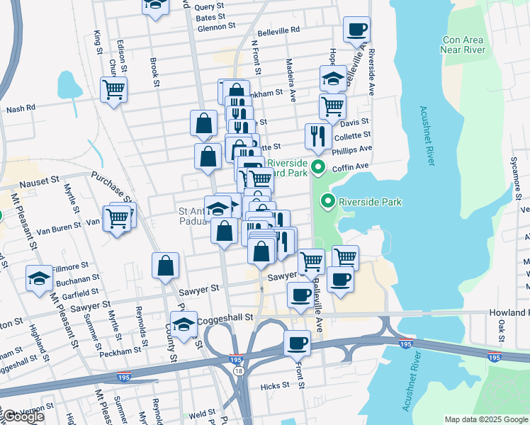map of restaurants, bars, coffee shops, grocery stores, and more near 1430 Acushnet Avenue in New Bedford