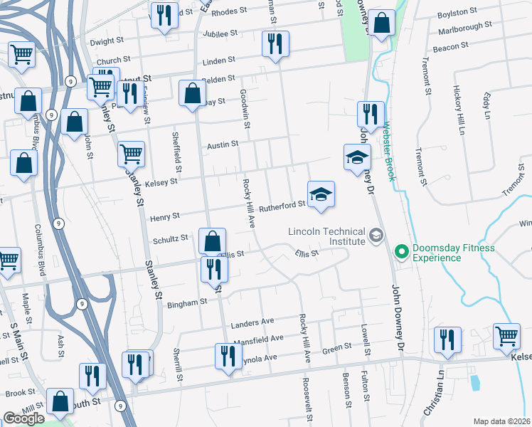 map of restaurants, bars, coffee shops, grocery stores, and more near 60 William Street in New Britain