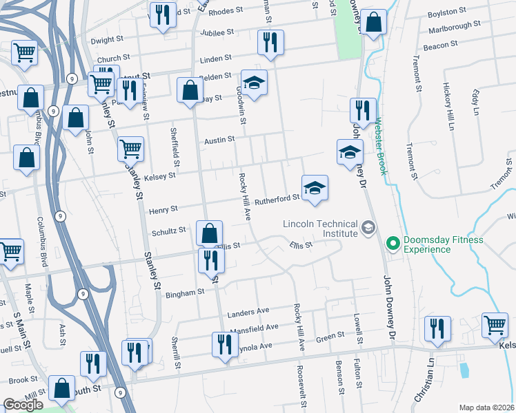 map of restaurants, bars, coffee shops, grocery stores, and more near 58 Rocky Hill Avenue in New Britain