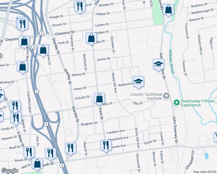 map of restaurants, bars, coffee shops, grocery stores, and more near 138 Henry Street in New Britain