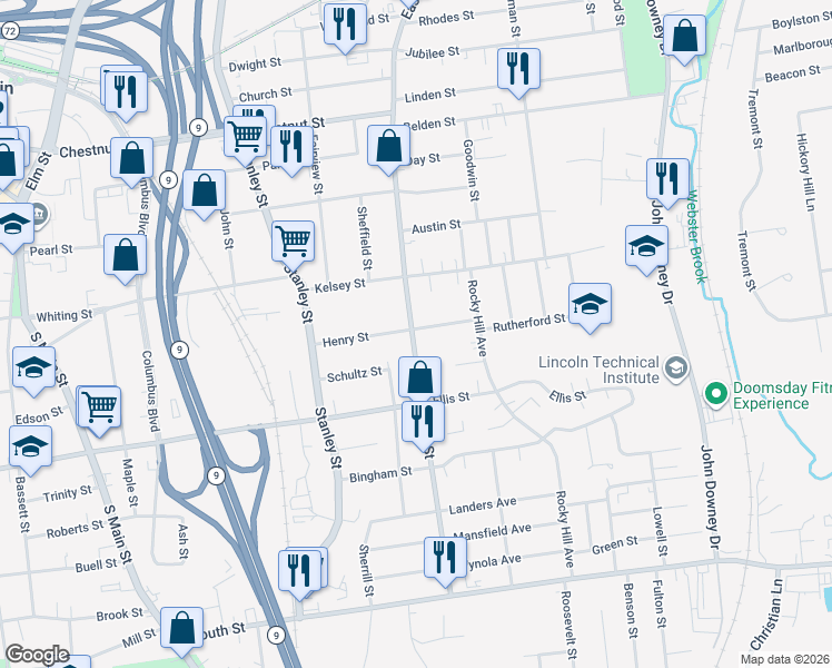 map of restaurants, bars, coffee shops, grocery stores, and more near 98 Henry Street in New Britain