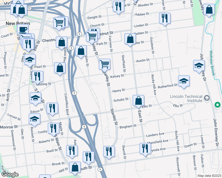 map of restaurants, bars, coffee shops, grocery stores, and more near 465 Stanley Street in New Britain