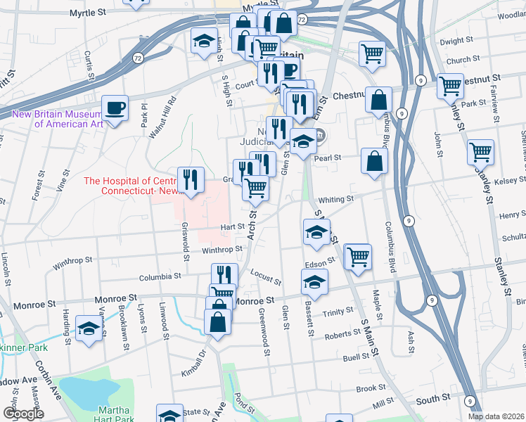 map of restaurants, bars, coffee shops, grocery stores, and more near 354 Arch Street in New Britain