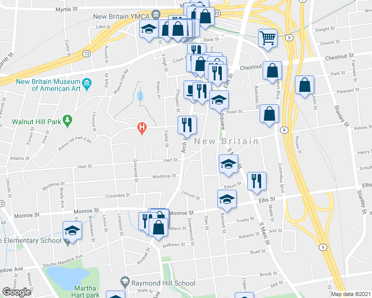 map of restaurants, bars, coffee shops, grocery stores, and more near 354 Arch Street in New Britain
