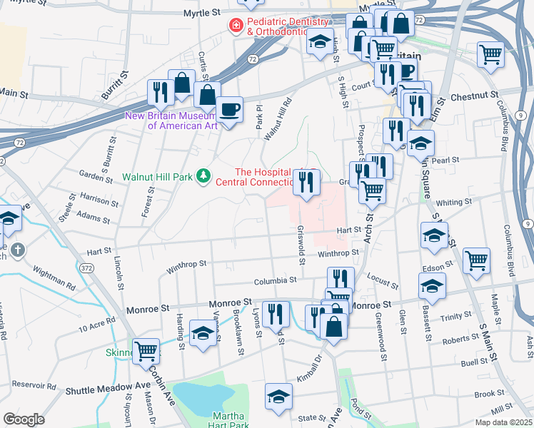 map of restaurants, bars, coffee shops, grocery stores, and more near 30 Highland Street in New Britain