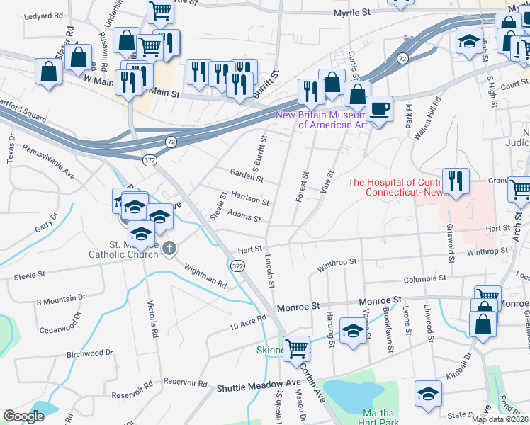 map of restaurants, bars, coffee shops, grocery stores, and more near 154 Lincoln Street in New Britain