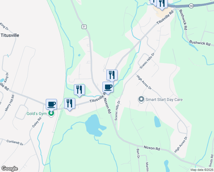 map of restaurants, bars, coffee shops, grocery stores, and more near 307 Titusville Road in Poughkeepsie
